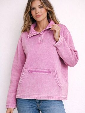 Zenana Outfitters Pink Button Mock Collared Pullover